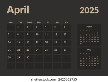 Monthly page Calendar Planner Templates of April 2024. Vector layout of simple calendar with week start Monday for print. Page for size A4 or 21x29.7 cm in dark color