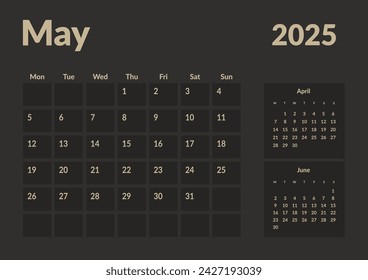 Monthly page Calendar Planner Templates of May 2024. Vector layout of simple calendar with week start Monday for print. Page for size A4 or 21x29.7 cm in dark color