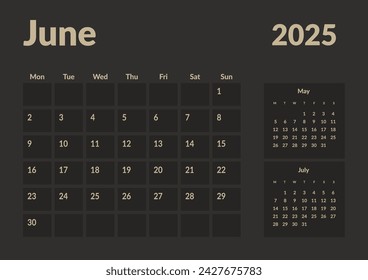 Monthly page Calendar Planner Templates of June 2024. Vector layout of simple calendar with week start Monday for print. Page for size A4 or 21x29.7 cm in dark color