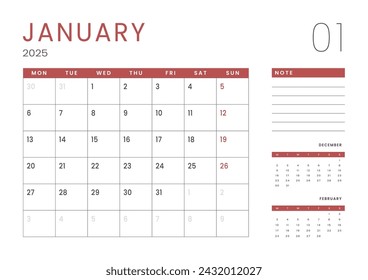 Monthly page Calendar Planner Templates of January 2025. Vector layout of simple calendar with week start Monday for print. Page for size A4 or 21x29.7 cm