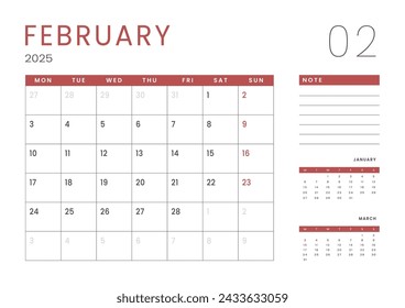 Monthly page Calendar Planner Templates of February 2025. Vector layout of simple calendar with week start Monday for print. Page for size A4 or 21x29.7 cm