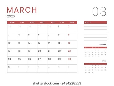 Monthly page Calendar Planner Templates of March 2025. Vector layout of simple calendar with week start Monday for print. Page for size A4 or 21x29.7 cm