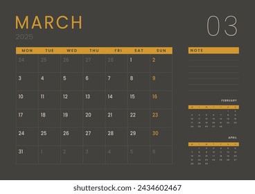 Monthly page Calendar Planner Templates of March 2025. Vector layout of simple calendar with week start Monday for print. Page for size A4 or 21x29.7 cm in dark color