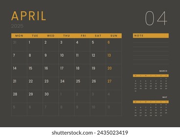 Monthly page Calendar Planner Templates of April 2025. Vector layout of simple calendar with week start Monday for print. Page for size A4 or 21x29.7 cm in dark color