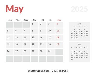 Monthly page Calendar Planner Templates of May 2025. Vector layout of simple calendar with week start Monday for print. Page for size A4 or 21x29.7 cm