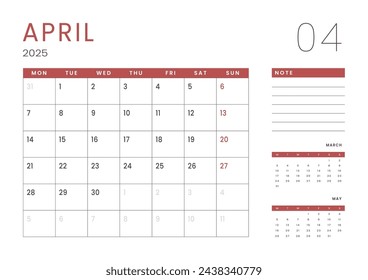 Monthly page Calendar Planner Templates of April 2025. Vector layout of simple calendar with week start Monday for print. Page for size A4 or 21x29.7 cm