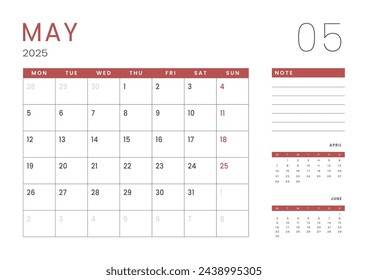 Monthly page Calendar Planner Templates of May 2025. Vector layout of simple calendar with week start Monday for print. Page for size A4 or 21x29.7 cm