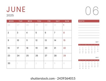 Monthly page Calendar Planner Templates of June 2025. Vector layout of simple calendar with week start Monday for print. Page for size A4 or 21x29.7 cm