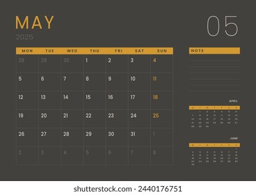 Monthly page Calendar Planner Templates of May 2025. Vector layout of simple calendar with week start Monday for print. Page for size A4 or 21x29.7 cm in dark color