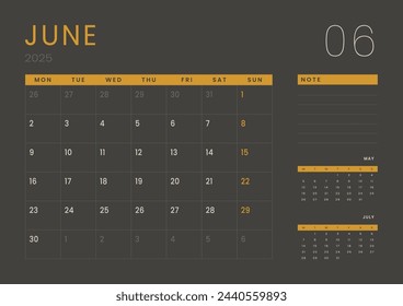 Monthly page Calendar Planner Templates of June 2025. Vector layout of simple calendar with week start Monday for print. Page for size A4 or 21x29.7 cm in dark color