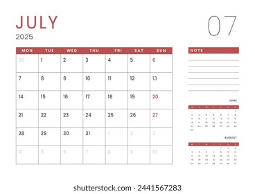 Monthly page Calendar Planner Templates of July 2025. Vector layout of simple calendar with week start Monday for print. Page for size A4 or 21x29.7 cm