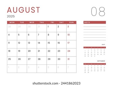 Monthly page Calendar Planner Templates of August 2025. Vector layout of simple calendar with week start Monday for print. Page for size A4 or 21x29.7 cm