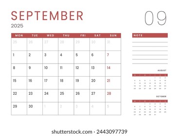 Monthly page Calendar Planner Templates of September 2025. Vector layout of simple calendar with week start Monday for print. Page for size A4 or 21x29.7 cm