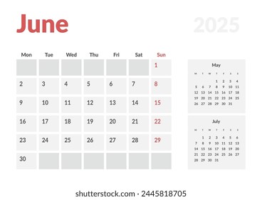 Monthly page Calendar Planner Templates of June 2025. Vector layout of simple calendar with week start Monday for print. Page for size A4 or 21x29.7 cm