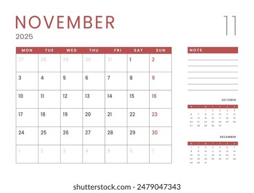 Monthly page Calendar Planner Templates of November 2025. Vector layout of simple calendar with week start Monday for print. Page for size A4 or 21x29.7 cm