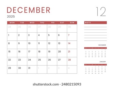 Monthly page Calendar Planner Templates of December 2025. Vector layout of simple calendar with week start Monday for print. Page for size A4 or 21x29.7 cm