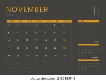 Monthly page Calendar Planner Templates of November 2025. Vector layout of simple calendar with week start Monday for print. Page for size A4 or 21x29.7 cm in dark color