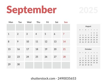 Monthly page Calendar Planner Templates of September 2025. Vector layout of simple calendar with week start Monday for print. Page for size A4 or 21x29.7 cm