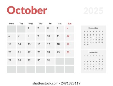 Monthly page Calendar Planner Templates of October 2025. Vector layout of simple calendar with week start Monday for print. Page for size A4 or 21x29.7 cm