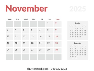 Página mensual Calendario Planificador Plantillas de noviembre de 2025. Diseño de Vector de calendario simple con inicio de semana lunes para imprimir. Página para tamaño A4 o 21x29,7 cm