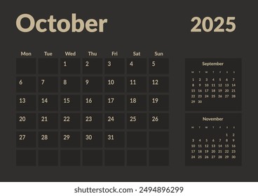 Monthly page Calendar Planner Templates of October 2025. Vector layout of simple calendar with week start Monday for print. Page for size A4 or 21x29.7 cm in dark color