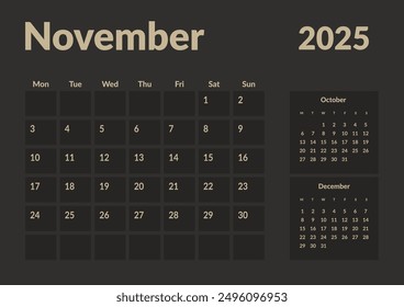 Monthly page Calendar Planner Templates of November 2025. Vector layout of simple calendar with week start Monday for print. Page for size A4 or 21x29.7 cm in dark color