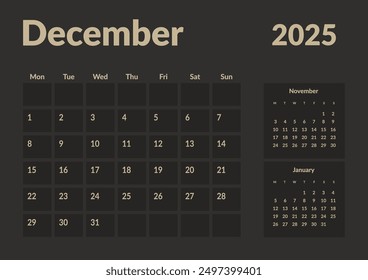 Monthly page Calendar Planner Templates of December 2025. Vector layout of simple calendar with week start Monday for print. Page for size A4 or 21x29.7 cm in dark color