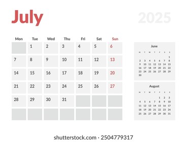 Monthly page Calendar Planner Templates of July 2025. Vector layout of simple calendar with week start Monday for print. Page for size A4 or 21x29.7 cm