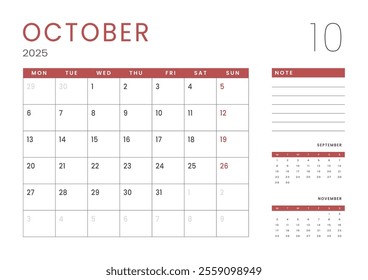 Monthly page Calendar Planner Templates of October 2025. Vector layout of simple calendar with week start Monday for print. Page for size A4 or 21x29.7 cm