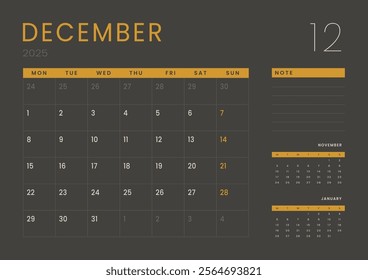 Monthly page Calendar Planner Templates of December 2025. Vector layout of simple calendar with week start Monday for print. Page for size A4 or 21x29.7 cm in dark color