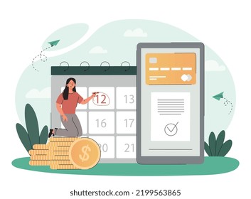 Monthly payment concept. Girl sitting on money and circles number on calendar. Financial literacy and distribution of income and expense, budget planning and strategy. Cartoon flat vector illustration