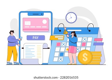 Monthly payment concept. Man pays regular fees online and woman makes notice in calendar. Outline design style minimal vector illustration for landing page, web banner, infographics, hero images.