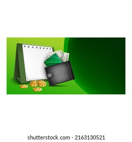 Vector de póster de promoción creativa de pago mensual. Mes Suscripción De Pagos Periódicos, Calendario, Cartera Con Dinero En Efectivo Y Tarjeta De Crédito En Cartel De Publicidad. Ilustración de plantilla de concepto de estilo
