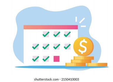 Monthly payment day or Pay tax schedule date in calendar or money cash payday icon on calendar vector flat cartoon symbol, credit bill, financial subscription agenda