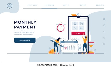 Monthly payment homepage template. Man pays regular fees online, woman makes notice in calendar. Keep up with monthly payments concept for web design. People in flat cartoon style, vector illustration