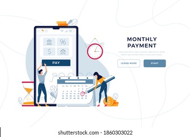 Monthly payment homepage template. Man pays regular fees online, woman makes notice in calendar. Keep up with monthly payments concept for web design. People in flat cartoon style, vector illustration