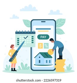 Monthly payment in mobile app of bank account vector illustration. Cartoon tiny woman holding pen to check payday in calendar and send remittance, man throwing coin in model of house on phone screen