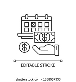 Monthly payment pixel perfect linear icon. Financial investment. TIme on calendar for paying debt. Thin line customizable illustration. Contour symbol. Vector isolated outline drawing. Editable stroke