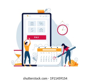 Monthly payment vector illustration. Man and woman pay regular payments online and make notice in calendar. Keep up with monthly payments concept for banner, web, emailing. Modern flat cartoon design