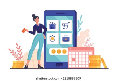 Monthly payments concept. Woman stands near calendar and large smartphone. Young girl analyzes her budget and draws up schedule of transactions and transfers. Cartoon flat vector illustration