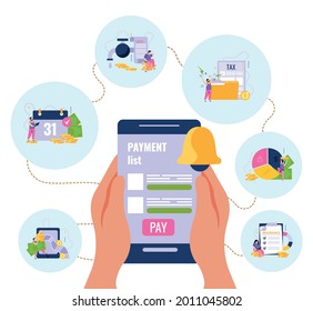 Monthly payments flat background with human hands holding gadget with payment list notification bell and button vector illustration