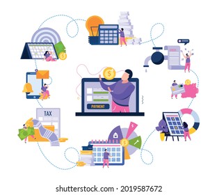 Monthly payments flat composition with laptop man holding coin surrounded by images of taxes and calendars vector illustration