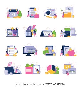 Monthly payments set of flat icons and isolated images of tax receipts calendars people and gadgets vector illustration