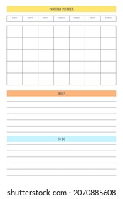 monthly personal planner diary template in classic strict style with multicolor elements. Monthly calendar individual schedule minimalism restrained design for business notebook. Week starts on sunday