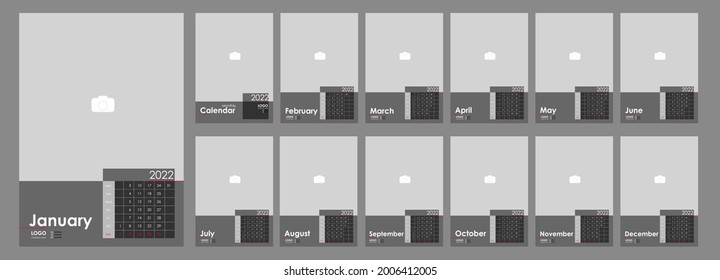 Calendario de fotos mensual 2022. Simple pared mensual calendario de fotos verticales 2022 año en inglés. Calendario de cobertura, plantillas de 12 meses. La semana comienza el lunes. Ilustración del vector