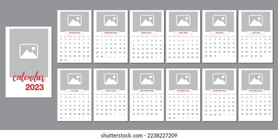 Monthly with photo vertical Calendar  for 2023 year in English. 12 months templates. Week starts from Monday, red color