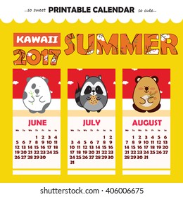 Monthly pin-up calendar 2017 year. Kawaii illustration of forest animals, yellow background. Perfect for diary, notebook, office. Vector Printable Design. Summer month June, July, August   