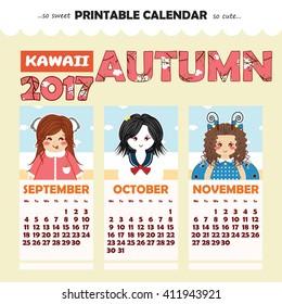 Monthly pin-up calendar 2017 year. Happy girls, beige background. Perfect for diary, notebook. Vector Printable Design. Autumn month September, October, November