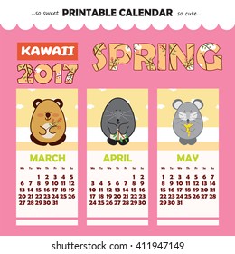 Monthly pin-up calendar 2017 year. Cute illustration of forest animals, pink background. Perfect for diary, notebook, planner. Vector Printable Design. Spring month March, April, May