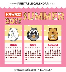 Monthly pin-up calendar 2017 year. Cute illustration of forest animals, pink background. Perfect for diary, notebook, planner. Vector Printable Design. Summer month June, July, August